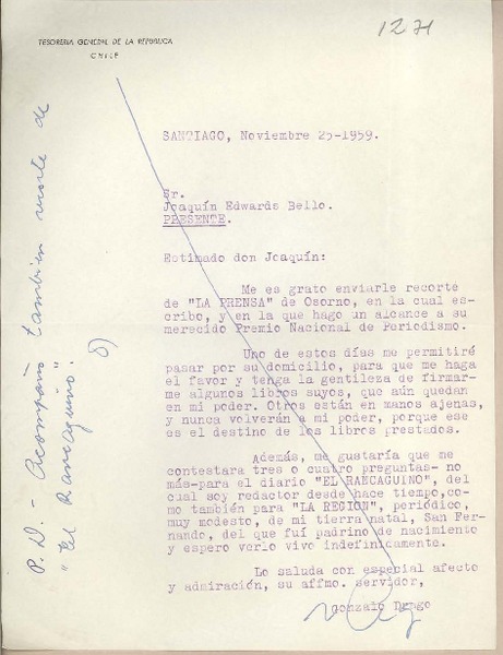 [Carta] 1959 noviembre 25, Santiago, [Chile] [a] Joaquín Edwards Bello