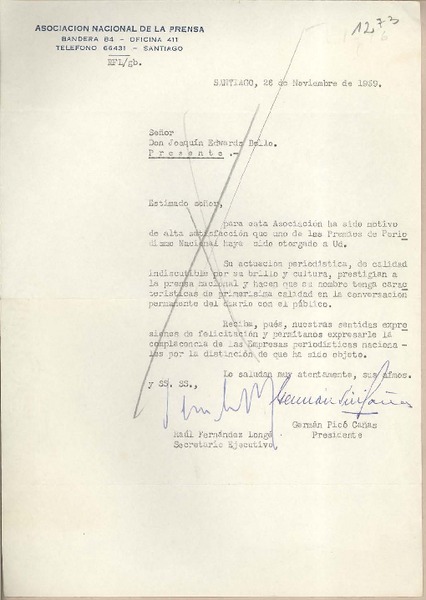 [Carta] 1959 noviembre 26, Santiago, [Chile] [a] Joaquín Edwards Bello