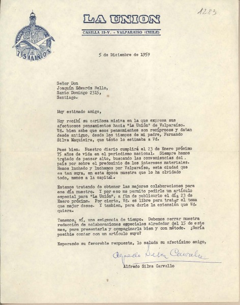 [Carta] 1959 diciembre 5, Valparaíso, [Chile] [a] Joaquín Edwards Bello