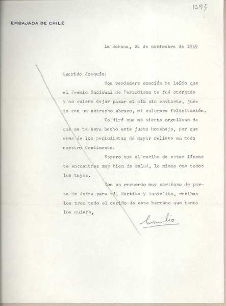 [Carta] 1959 noviembre 24, La Habana [Cuba] [a] Joaquín Edwards Bello