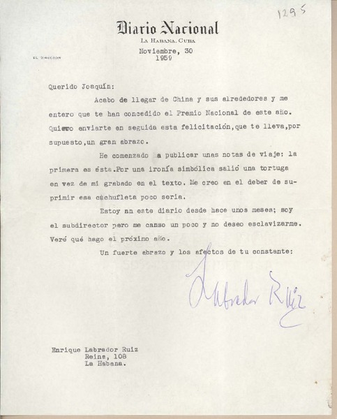 [Carta] 1959 noviembre 30, La Habana [Cuba] [a] Joaquín Edwards Bello