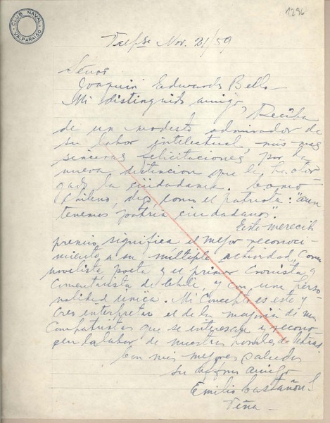 [Carta] 1959 noviembre 21, Valparaíso, [Chile] [a] Joaquín Edwards Bello