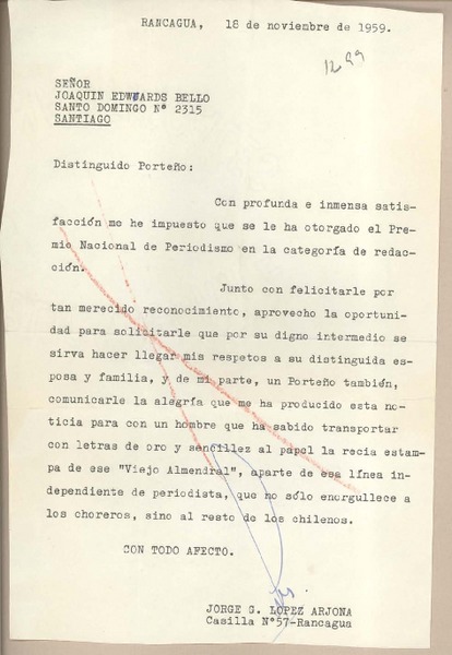 [Carta] 1959 octubre 18, Rancagua, [Chile] [a] Joaquín Edwards Bello
