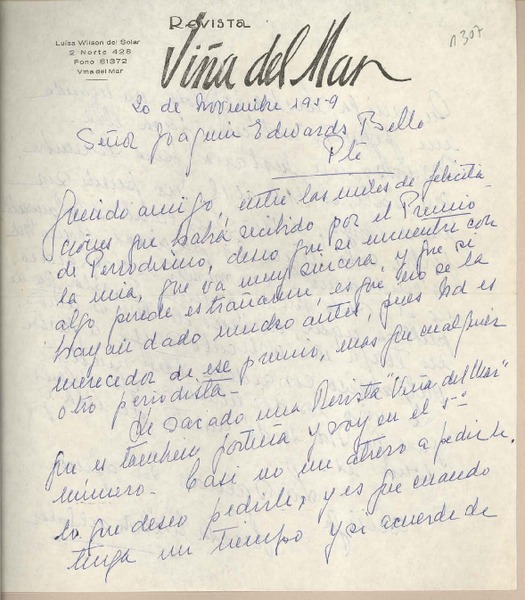 [Carta] 1959 noviembre 20, Viña del Mar, [Chile] [a] Joaquín Edwards Bello