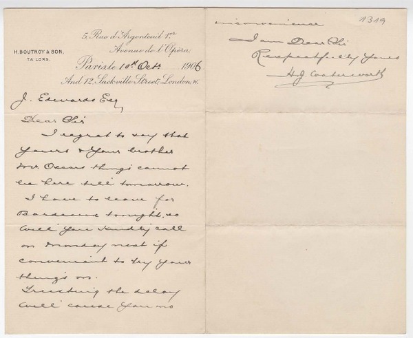 [Carta] 1906 octubre 10, Paris, [Francia] [a] Joaquín Edwards G.
