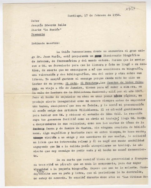 [Carta] 1958 febrero 17, Santiago [Chile] [a] Joaquín Edwards Bello