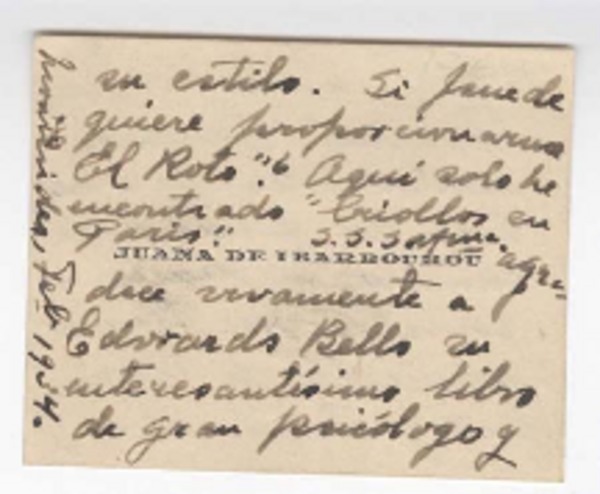 [Tarjeta] 1934 febrero, Montevideo, [Uruguay] [a] Joaquín Edwards Bello