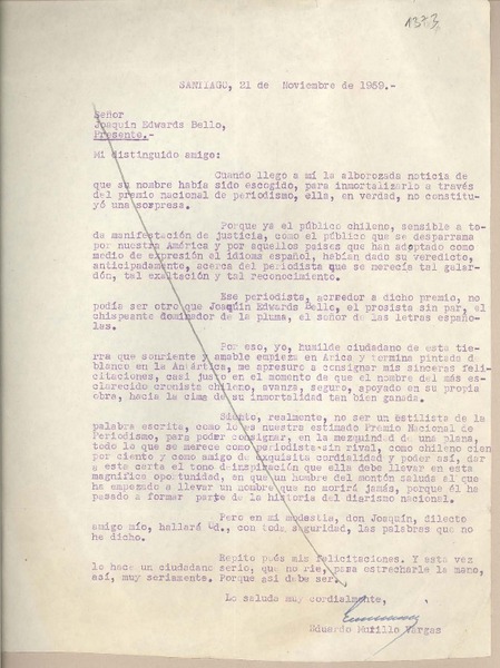 [Carta] 1959 noviembre 21, Santiago, [Chile] [a] Joaquín Edwards Bello