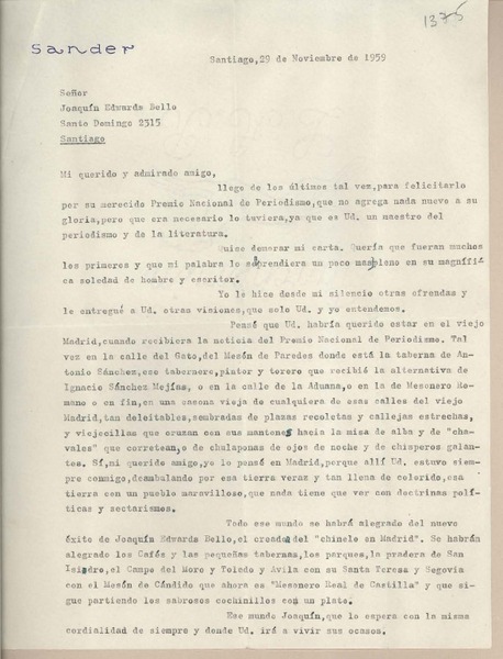 [Carta] 1959 noviembre 29, Santiago, [Chile] [a] Joaquín Edwards Bello