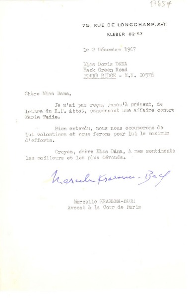 [Carta] 1967 déc. 2, Kléber, Francia [a] Doris Dana, Pound Ridge, New York