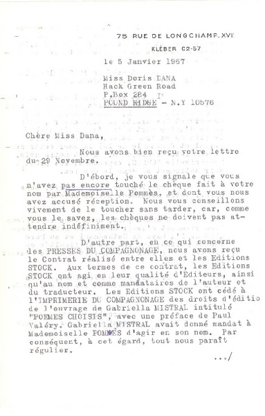 [Carta] 1967 jan. 5, Kléber, Francia [a] Doris Dana, Pound Ridge, New York