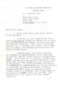 [Carta] 1967 jan. 5, Kléber, Francia [a] Doris Dana, Pound Ridge, New York