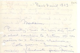 [Carta] 1949 abr. 7, París, Francia [a] Gabriela Mistral