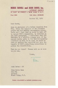 [Carta] 1960 oct. 26, New York [a] Doris Dana, Pound Ridge, N.Y.
