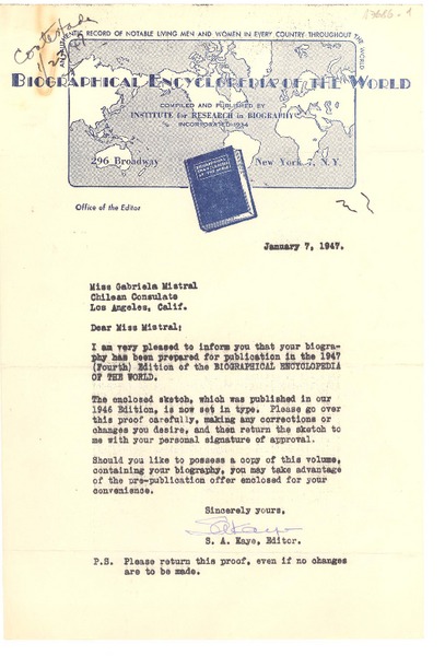 [Carta] 1947 jun. 7, [New York?] [a] Gabriela Mistral, Los Angeles, California