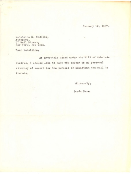 [Carta] 1957 jan. 12, [New York] [a] Madeleine S. Redditt, New York