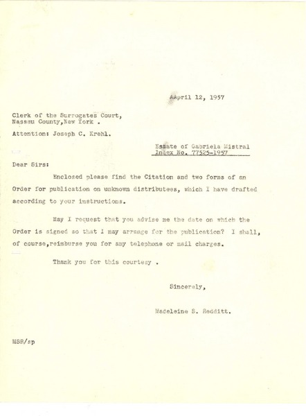 [Carta] 1957 apr. 12, New York [a] Clerk of the Surrogates Court, New York