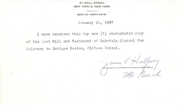 [Carta] 1957 jan. 11, New York [a] Mrs. Bosch