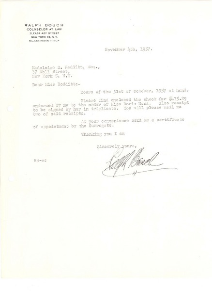 [Carta] 1957 nov. 4, New York [a] Madeleine S. Redditt, New York