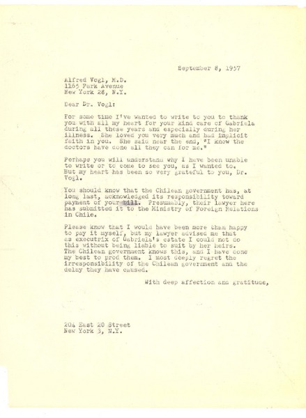 [Carta] 1957 sep. 8, [New York] [a] Alfred Vogl, New York