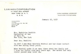 [Carta] 1957 jan. 18, New York [a] Madeleine S. Redditt, New York