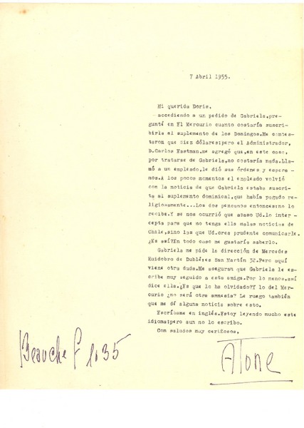 [Carta] 1955 abr. 7, [Santiago, Chile] [a] Doris Dana, [New York]