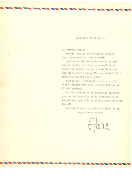 [Carta] 1955 dic. 20, [Santiago, Chile] [a] Doris Dana, [New York]