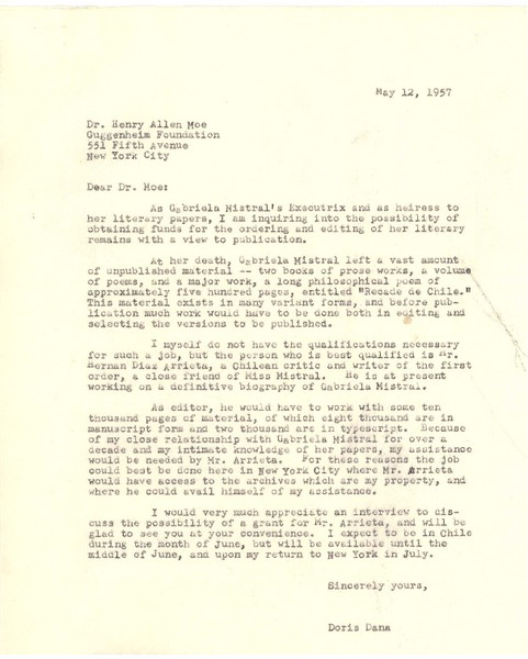 [Carta] 1957 may. 12, New York [a] Henry Allen Moe, Guggenhein Foundation, New York