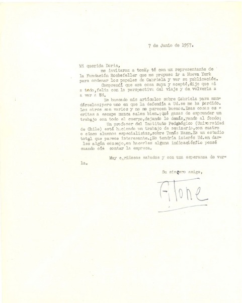 [Carta] 1957 jun. 7, [Santiago, Chile] [a] Doris Dana, [New York]