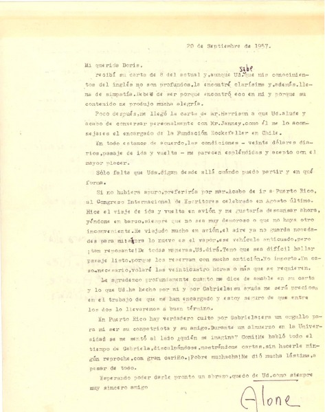 [Carta] 1957 sep. 20, [Santiago, Chile] [a] Doris Dana, [New York]