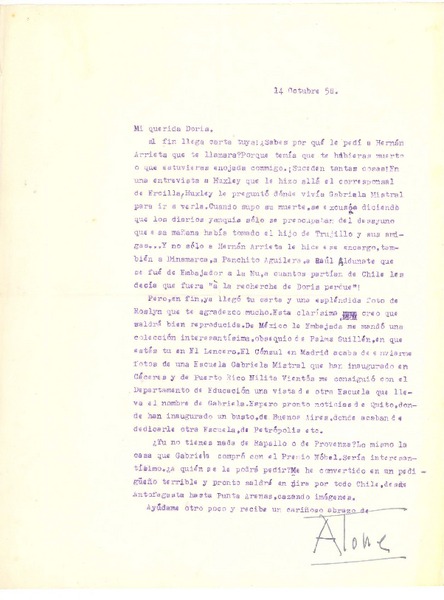 [Carta] 1958 oct. 14, [Santiago, Chile] [a] Doris Dana, [New York]