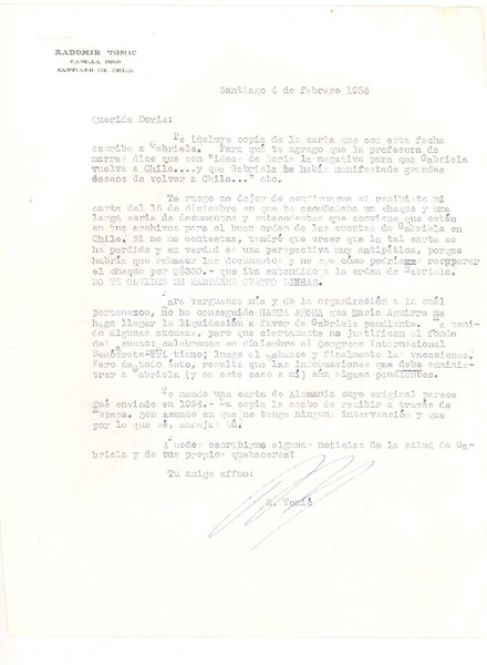 [Carta] 1955 feb. 4, Santiago, Chile [a] Doris Dana, [New York]