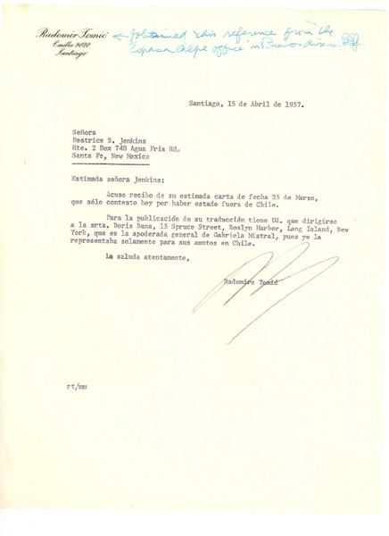 [Carta] 1957 abr. 15, Santiago, Chile [a] Beatrice s. Jenkins, Santa Fe, New York