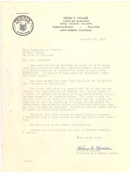 [Carta] 1957 dic. 24, Santa Barbara, California [a] Madeleine Redditt, New York