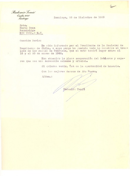 [Carta] 1959 dic. 29, Santiago, Chile [a] Doris Dana, New York