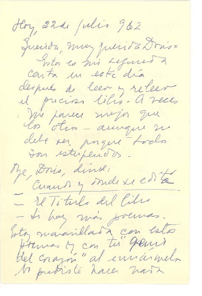 [Carta] 1962 jul.22 [Montevideo, Uruguay] [a] Doris Dana, [New York]