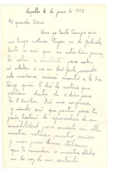 [Carta] 1953 jun. 14, Rapallo, [Italia] [a] Doris Dana, [New York]