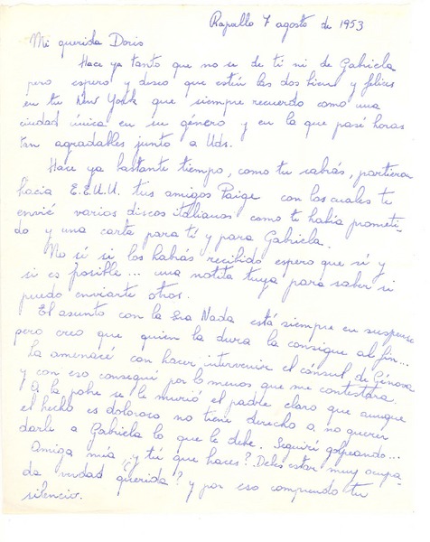 [Carta] 1953 ago. 7, Rapallo, [Italia] [a] Doris Dana, [New York]