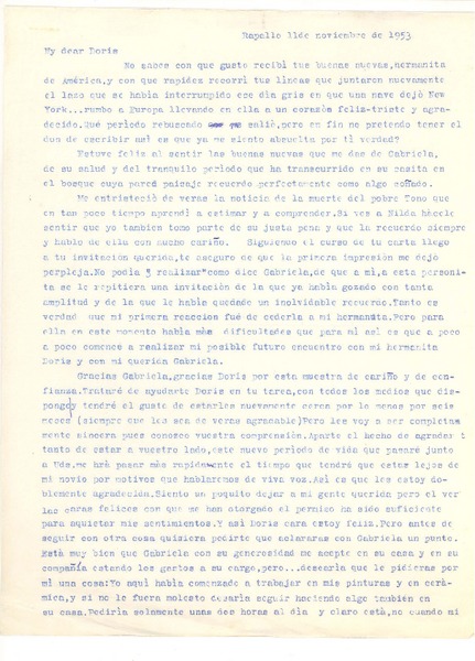 [Carta] 1953 nov. 11, Rapallo, [Italia] [a] Doris Dana, [New York]