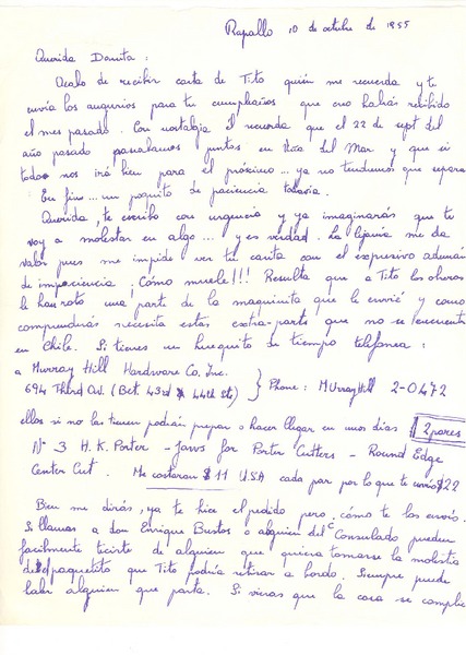[Carta] 1955 oct. 10, Rapallo, [Italia] [a] Doris Dana, [New York]