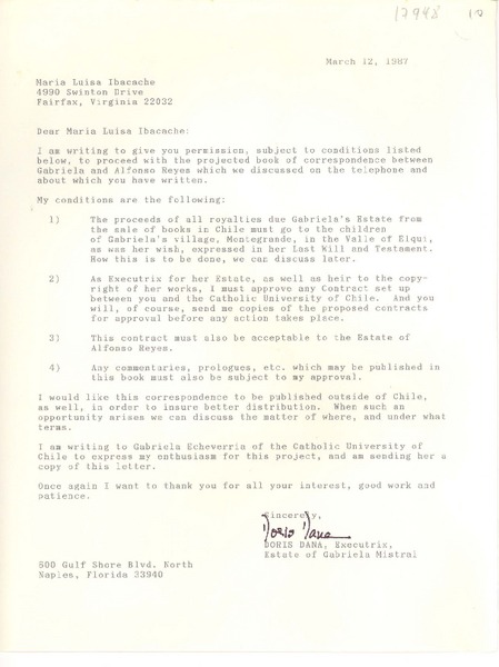 [Carta] entre 1984 y 1987, Virginia, [EE.UU.] [a] Doris Dana, Naples, Florida