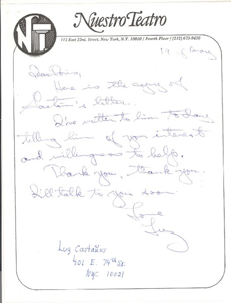 [Carta] [1979] may. 19, New York [a] Doris Dana, [New York]