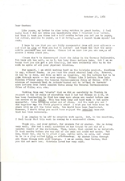 [Carta] 1981 oct. 27, New York [a] Gastón von dem Bussche, Santiago, [Chile]