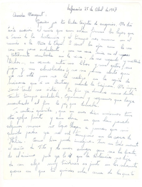 [Carta] 1957, abr. 25, Valparaíso, Chile [a] Margaret [Bates], [New York]