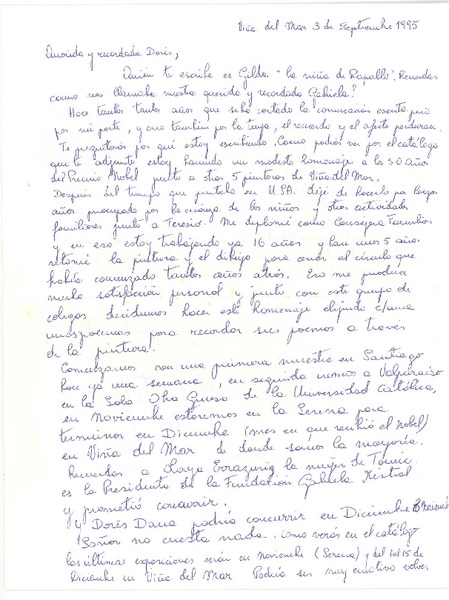 [Carta] 1995, sep. 3, Viña del Mar, Chile [a] Doris Dana, [New York]