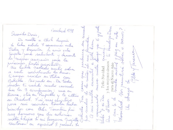 [Tarjeta] 1998, [diciembre], Viña del Mar, Chile [a] Doris Dana, [New York]