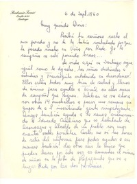 [Carta] 1960, sep. 6, Santiago, Chile [a] Doris Dana, [New York]
