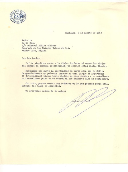 [Carta] 1963, ago. 7, Santiago, Chile [a] Doris Dana, [New York]