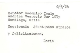 [Tarjeta] 1964, may. 9, [New York] [a] Radomiro Tomic, Santiago, Chile