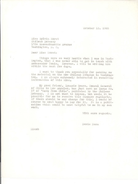 [Carta] 1965, oct. 13, [New York] [a] Sylvia Horst, Washington